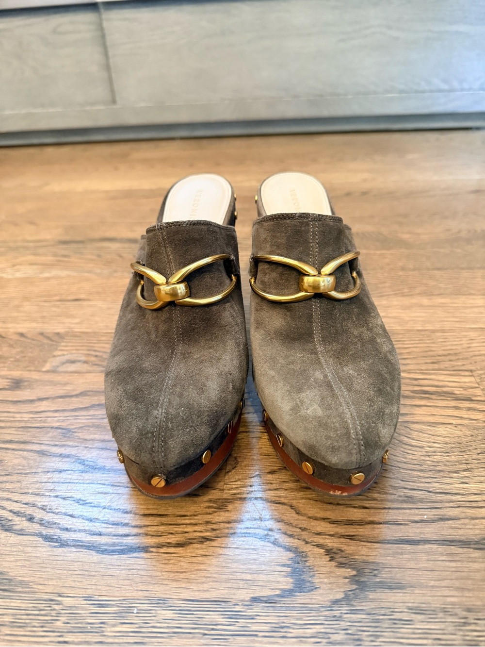 Veronica Beard Chunky Suede Mule with Gold Hardware - Brown - Picture 2 of 5